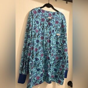 Custom Crazy Scrubs Gorgeous blue Top with Purple & Navy Southwestern Prints XL